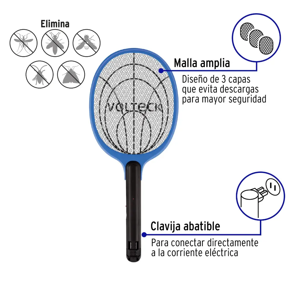 Raqueta mata moscas y mosquitos, recargable, VOLTECK