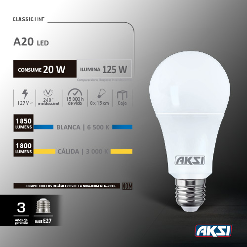 FOCO LED A19 20W LUZ CALIDA