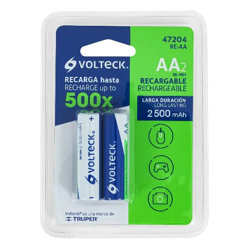 Blíster con 2 pilas recargables AA larga duración, 2500 mAh 