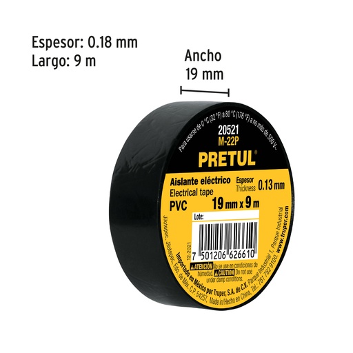 Cinta de aislar negra 19mm x 9m Pretul