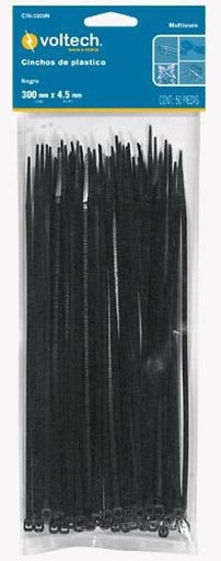 Bolsa con 50 cinchos plásticos 50 lb, 300x4.5 mm, negros