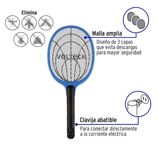 Raqueta mata moscas y mosquitos, recargable, VOLTECK