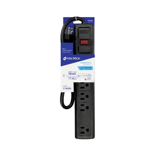 Multicontacto 16 AWG doméstico con 6 entradas, negro Volteck 